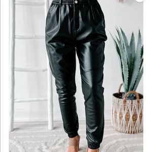 Black faux leather joggers
